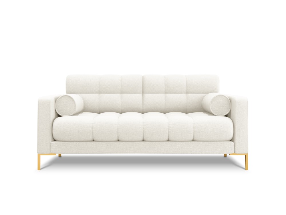 Sofa (bali) kosmopolitiško dizaino šviesiai smėlio spalvos, auksinis metalas, struktūrinis audinys