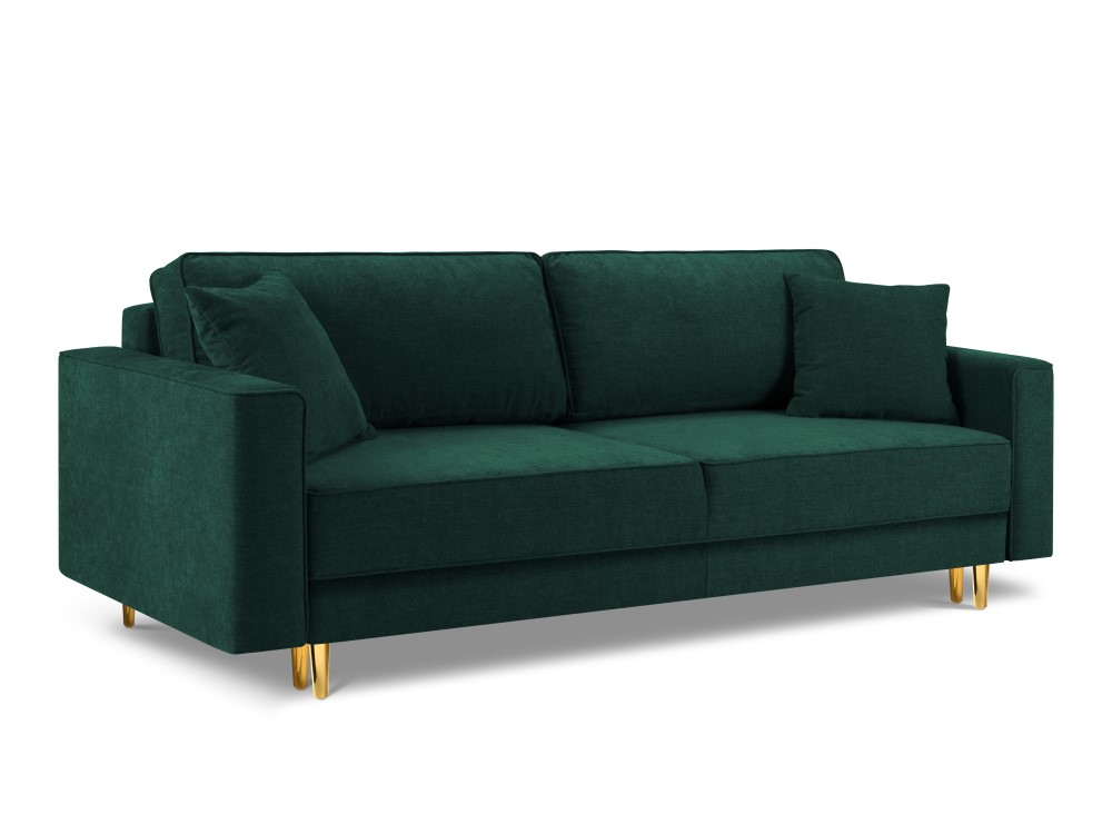 Sofa bed (fano) cosmopolitan design bottle green, gold metal, structured fabric