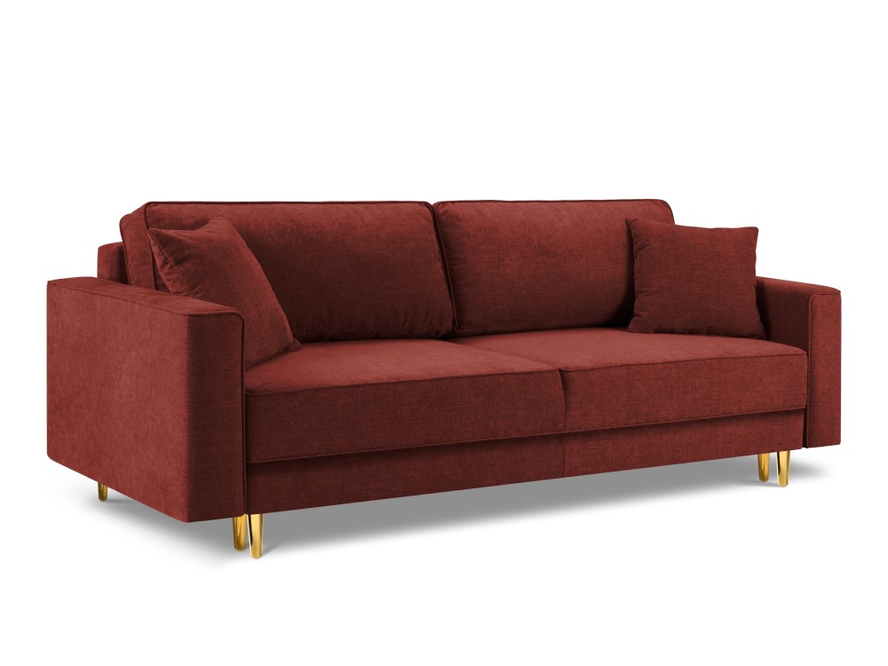 Sofa-lova (fano) kosmopolitiško dizaino raudona, aukso spalvos metalo, struktūrinio audinio