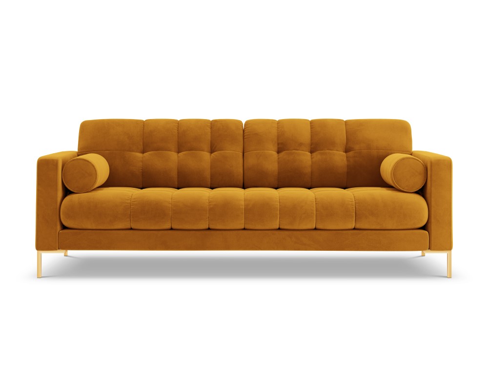 Sofa (bali) kosmopolitiško dizaino geltona, aksominė, aukso spalvos metalas