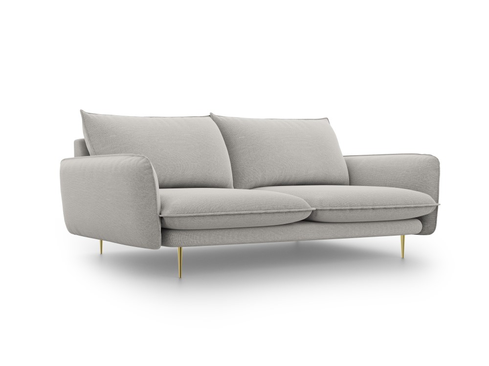 Sofa (Viena) kosmopolitiško dizaino šviesiai pilka, struktūrinio audinio, aukso metalo