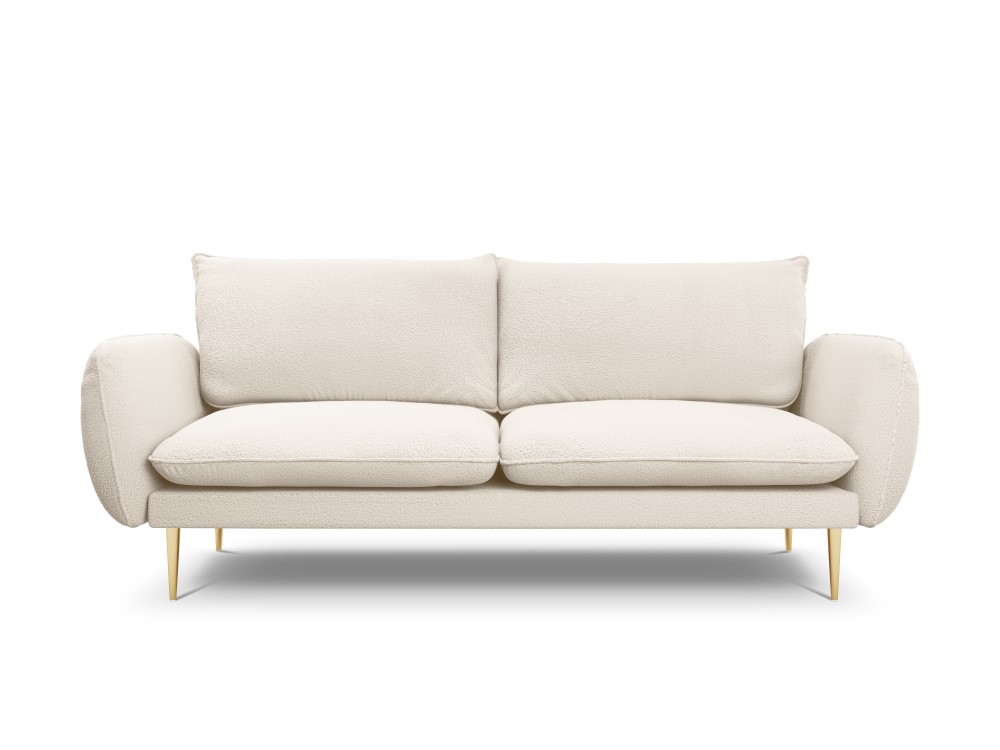 Sofa (Viena) kosmopolitiško dizaino smėlio spalvos, boulé audinys, auksinis metalas