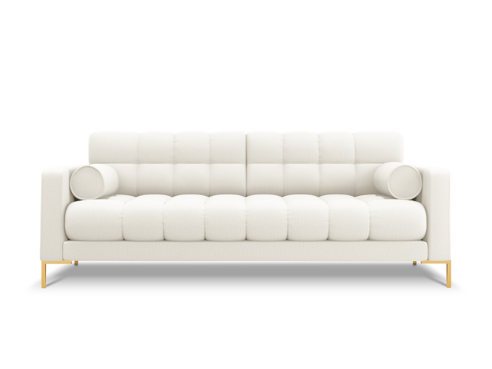Sofa (bali) kosmopolitiško dizaino šviesiai smėlio spalvos, struktūrinis audinys, auksinis metalas