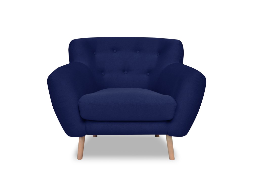 Atzveltnes krēsls (londona) kosmopolītiska dizaina tumši zils, dabīgs dižskābarža koks, strukturēts audums