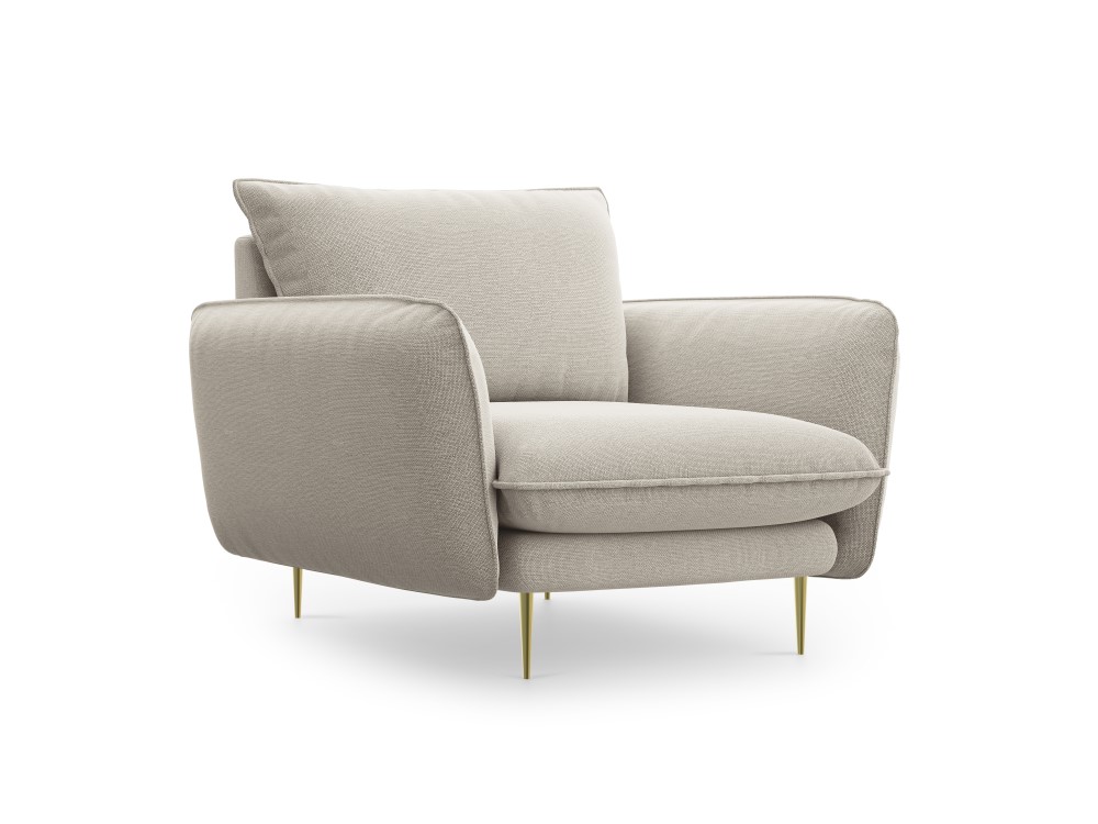 Atzveltnes krēsls (Vīne) kosmopolītiska dizaina gaiši bēšs, strukturēts audums, zelta metāls