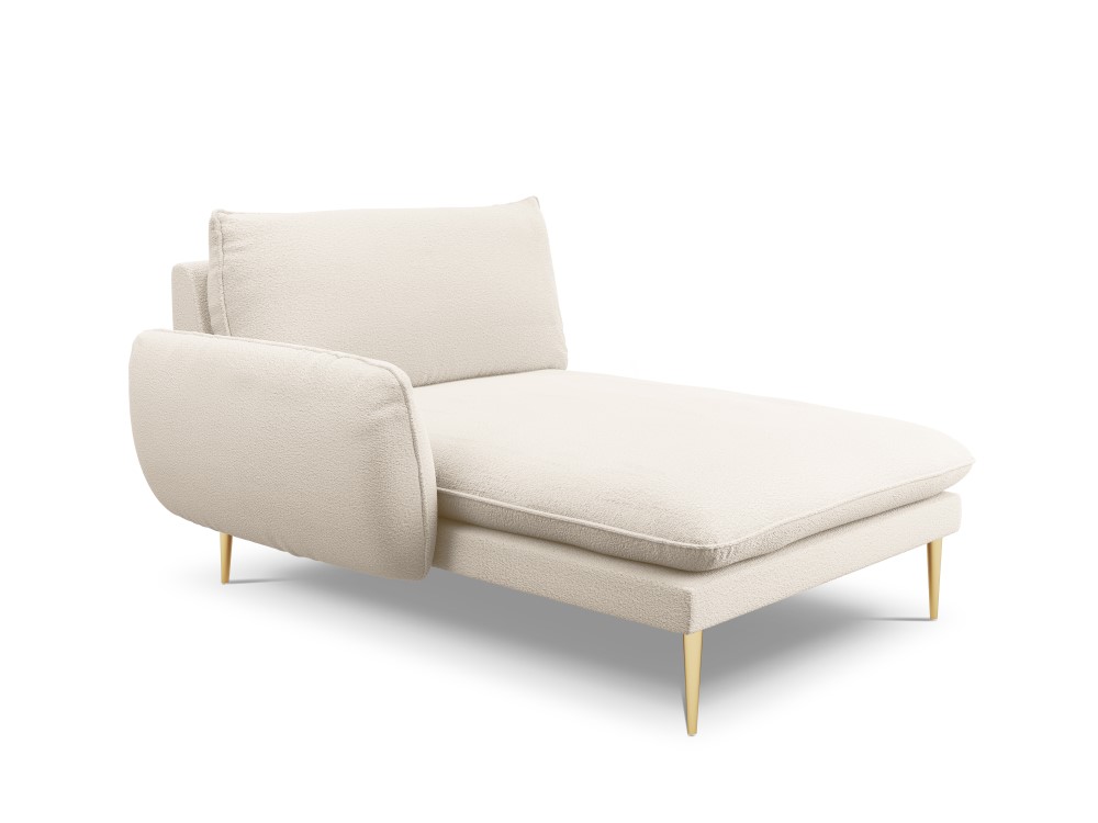 Sofa-lova (Viena) kosmopolitiško dizaino smėlio spalvos, bouclé audinys, auksinis metalas, kairėje