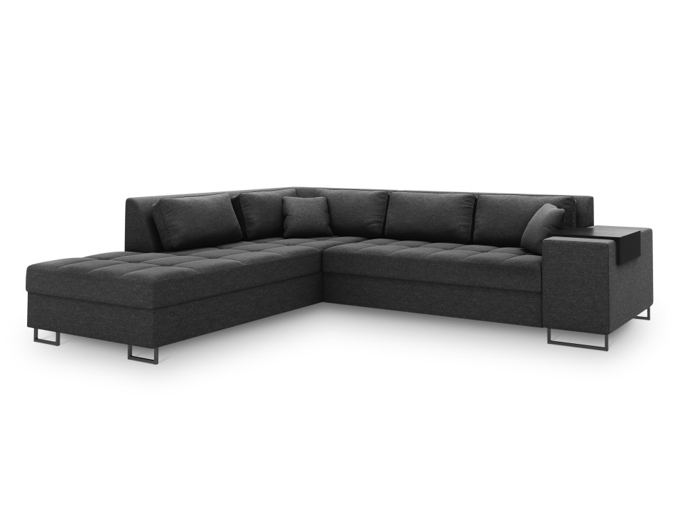 Kampinė sofa-lova (Madison) kosmopolitiško dizaino tamsiai pilka, struktūrinis audinys, juodas metalas, kairėje