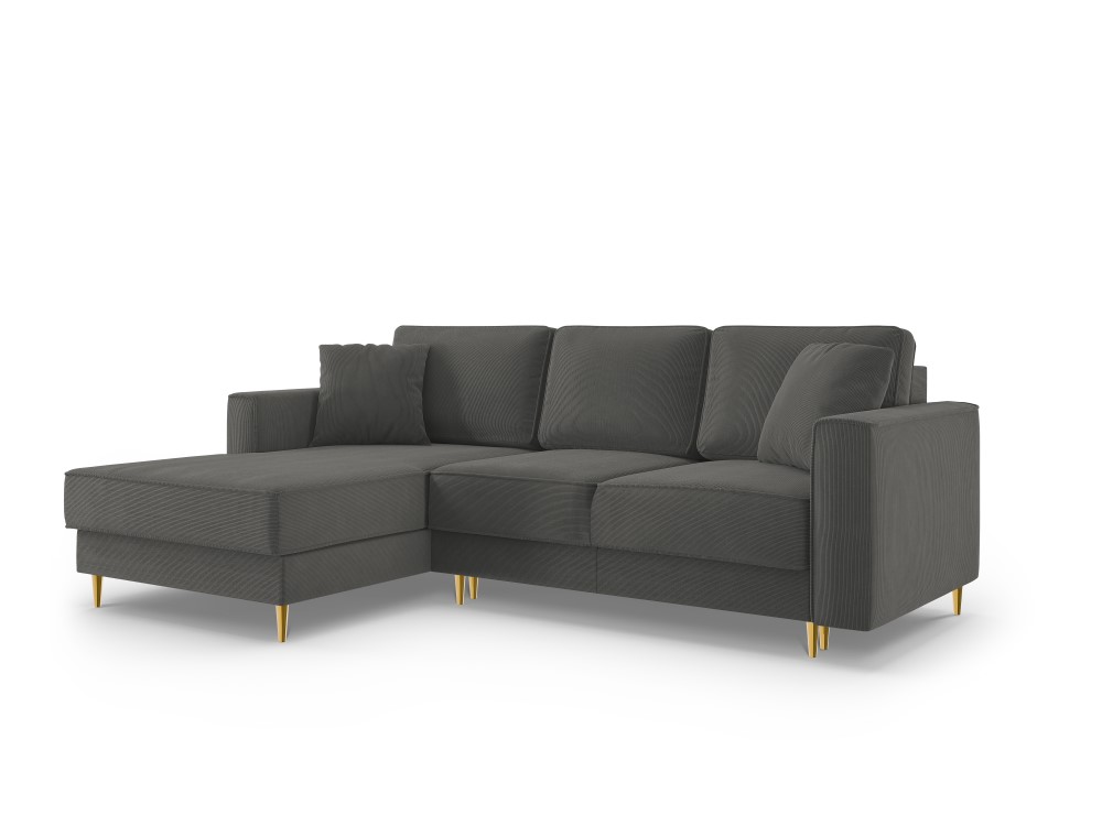 Kampinė sofa-lova (fano) kosmopolitiško dizaino pilka, aksominė, aukso spalvos metalo, kairė