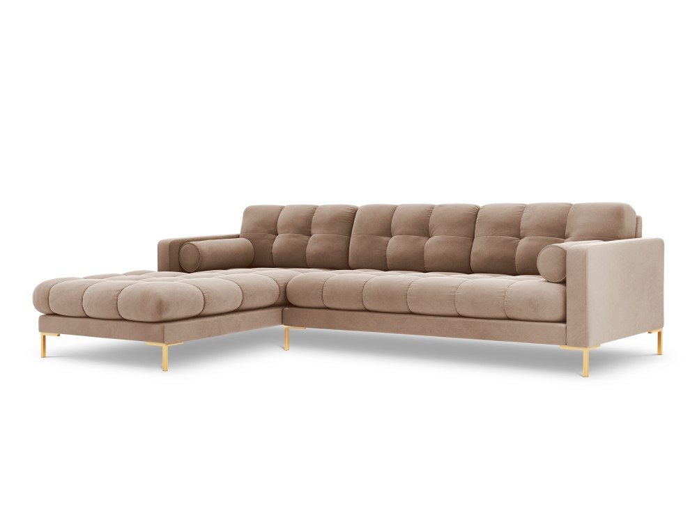 Kampinė sofa (bali) kosmopolitiško dizaino smėlio, aksomo, aukso metalo, kairėje