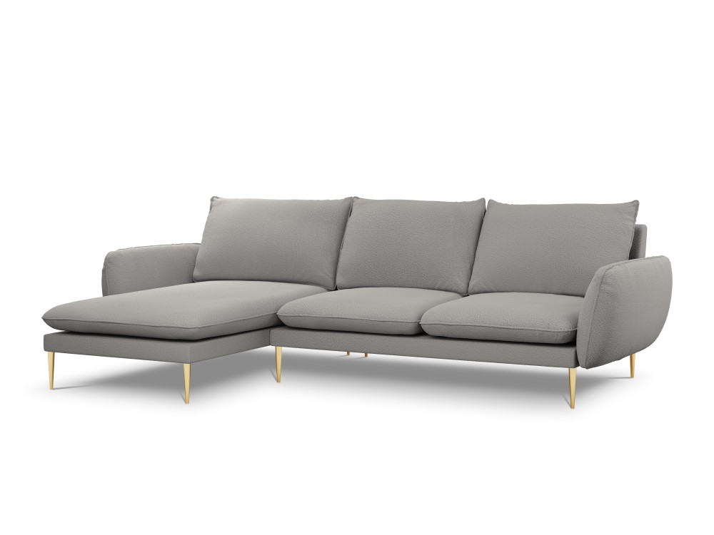 Kampinė sofa (Viena) kosmopolitiško dizaino pilka, boulé audinys, auksinis metalas, kairėje