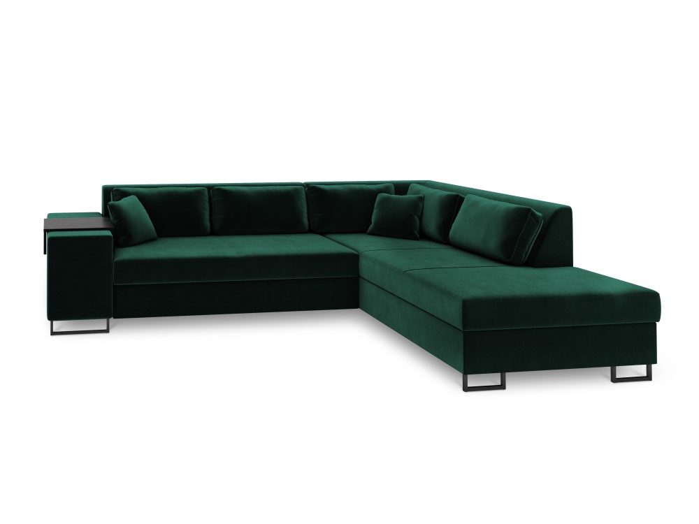 Kampinė sofa-lova (Jorkas) kosmopolitiško dizaino butelis žalias, aksominis, juodas metalas, geriau