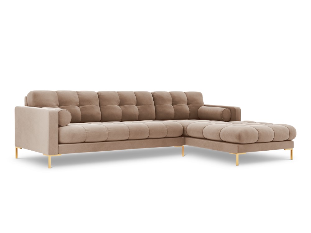 Stūra dīvāns (bali) kosmopolītiska dizaina bēšs, samts, zelta metāls, labāk