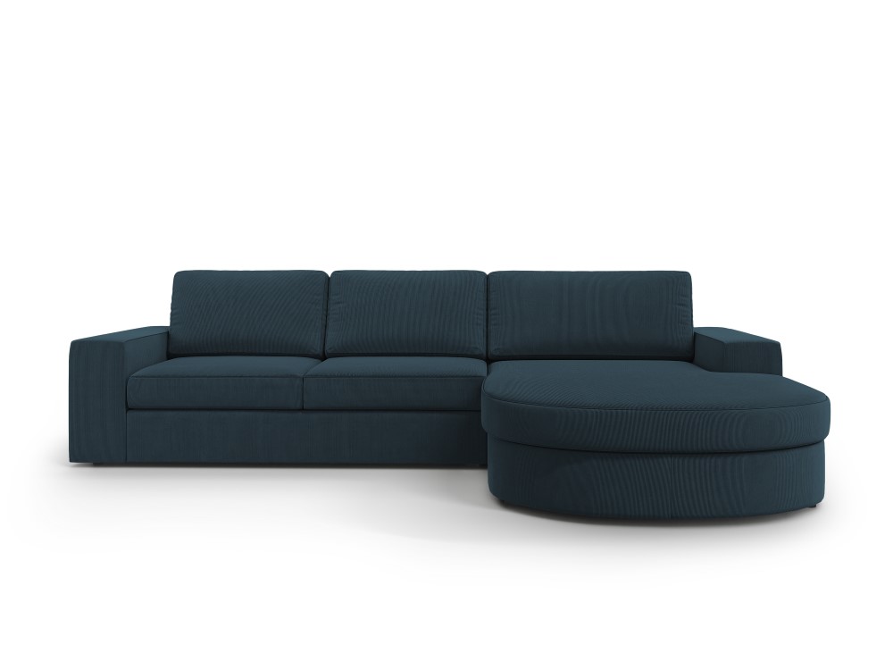 Kampinė sofa (milano) tamsiai mėlyna, aksominė, juoda plastikinė, geriau