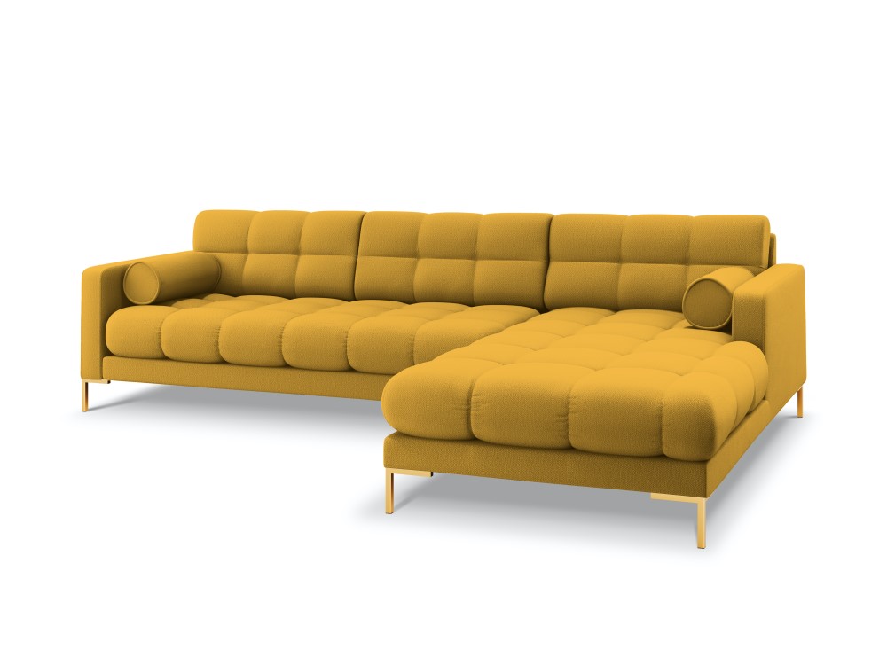 Kampinė sofa (bali) kosmopolitiško dizaino geltona, struktūrinio audinio, auksinio metalo, geriau