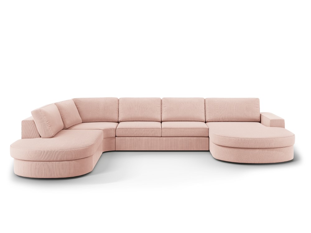 Kampinė sofa (milano) rožinė, aksominė, juoda plastikinė, kairė