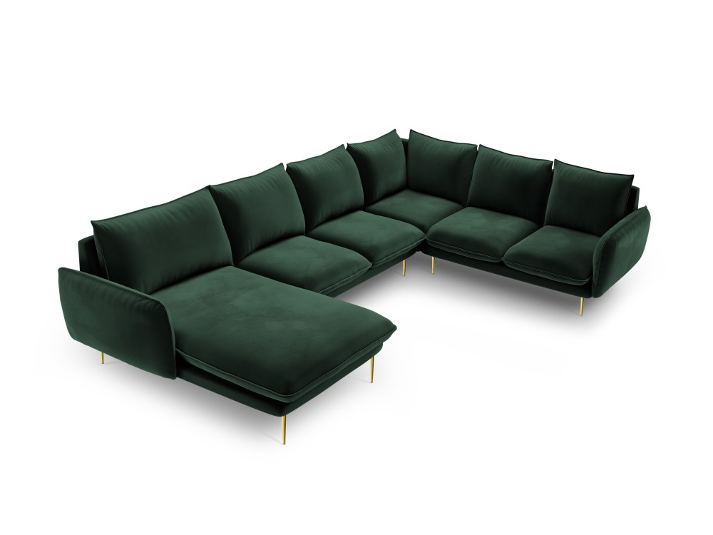 Kampinė sofa (Viena) kosmopolitiško dizaino buteliukas žalias, aksominis, auksinis metalas, geriau