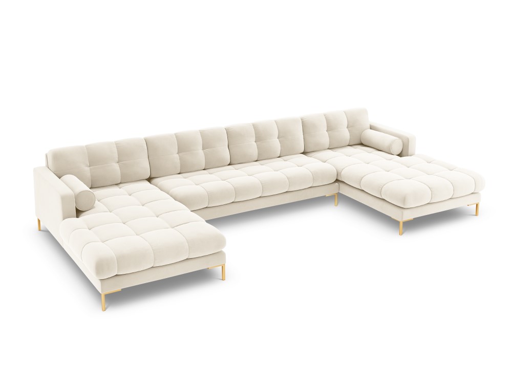 U formos kampinė sofa (bali) kosmopolitiško dizaino auksinis metalas, šviesiai smėlio spalvos, aksomas