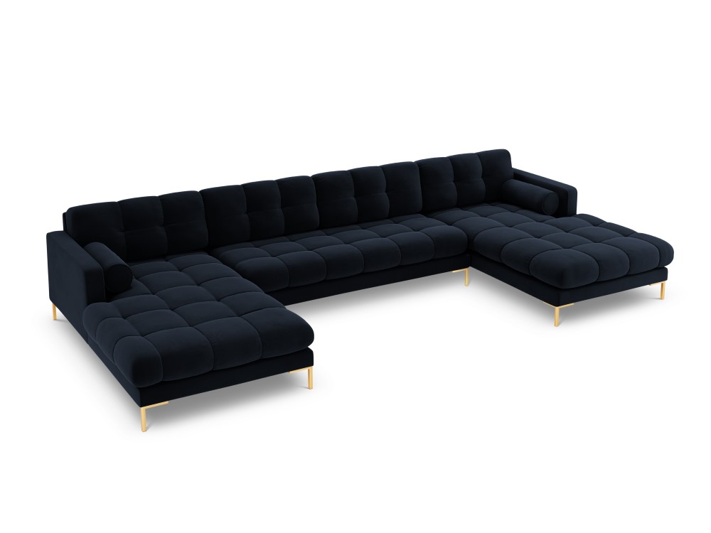 U formos kampinė sofa (bali) kosmopolitiško dizaino aukso metalo, tamsiai mėlyna, aksominė
