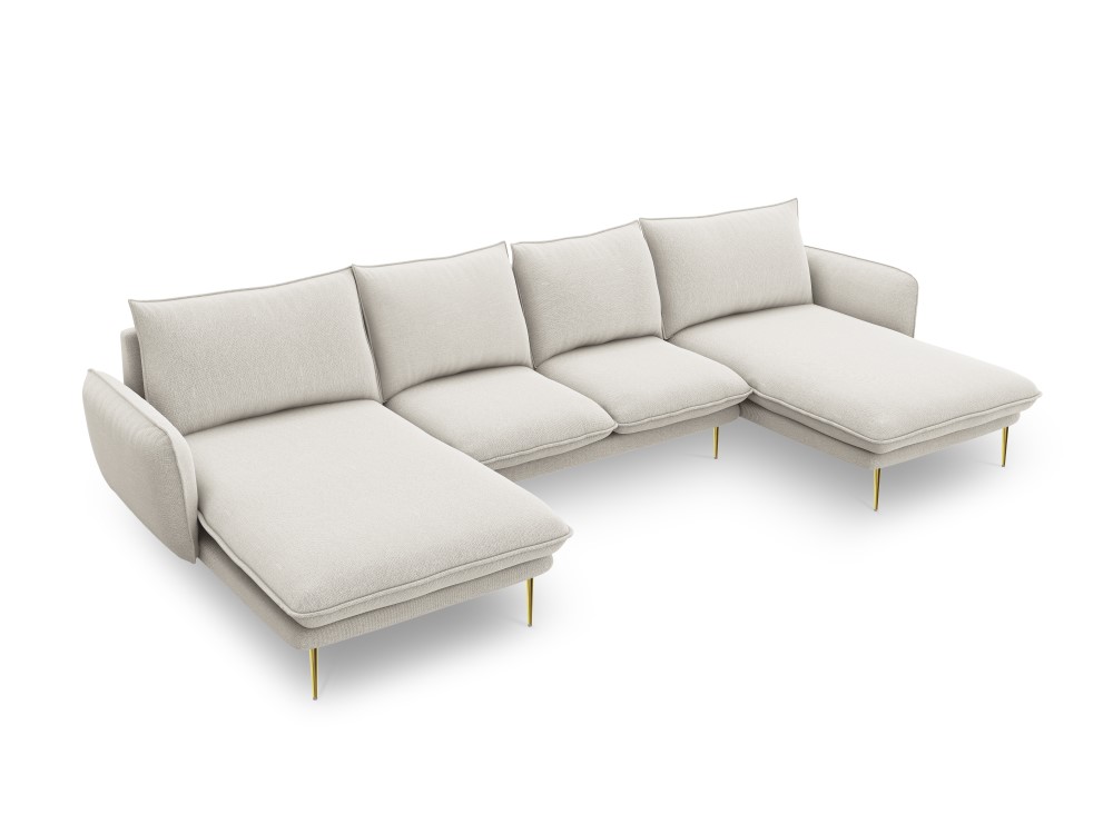 Kampinė sofa-lova (Viena) kosmopolitiško dizaino šviesiai smėlio spalvos, auksinis metalas, struktūrinis audinys